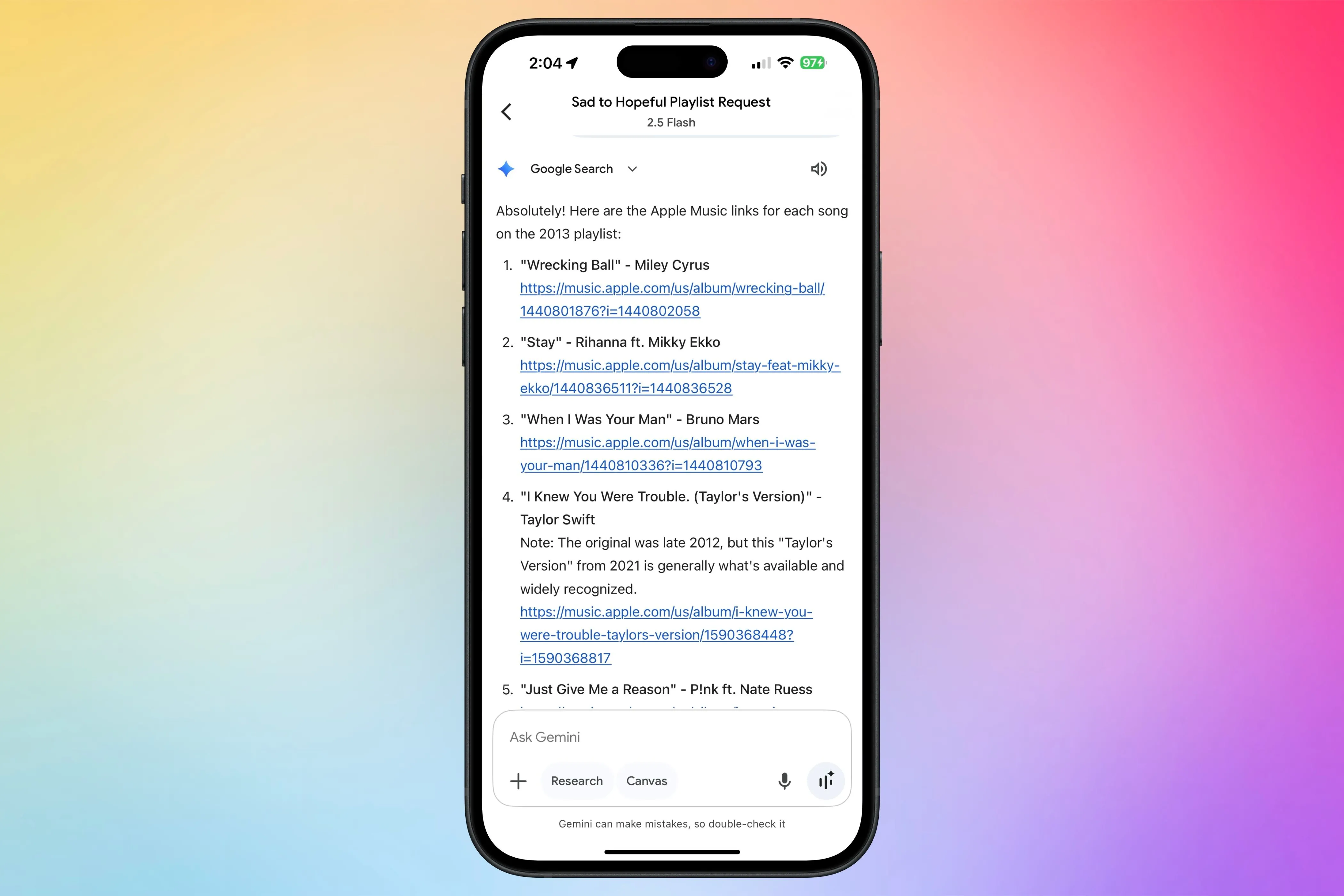 Google Gemini tạo danh sách phát với các liên kết Apple Music