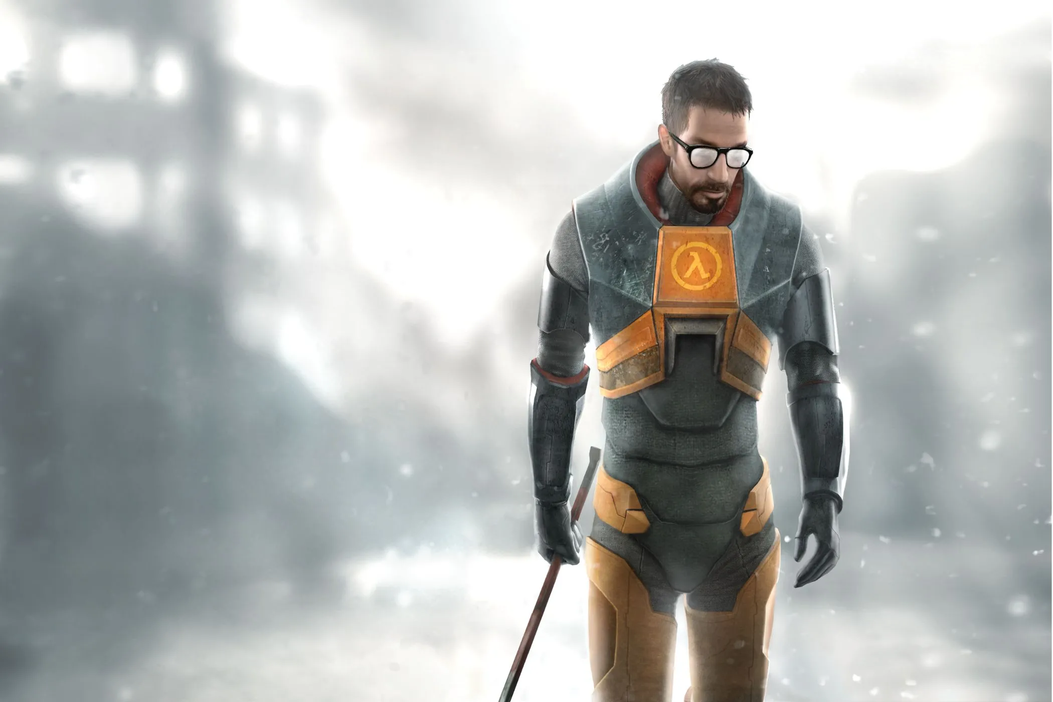 Gordon Freeman cầm xà beng biểu tượng của mình trong một hình ảnh quảng cáo của Half-Life 2, tượng trưng cho một tựa game FPS kinh điển được phát triển độc lập bởi Valve.