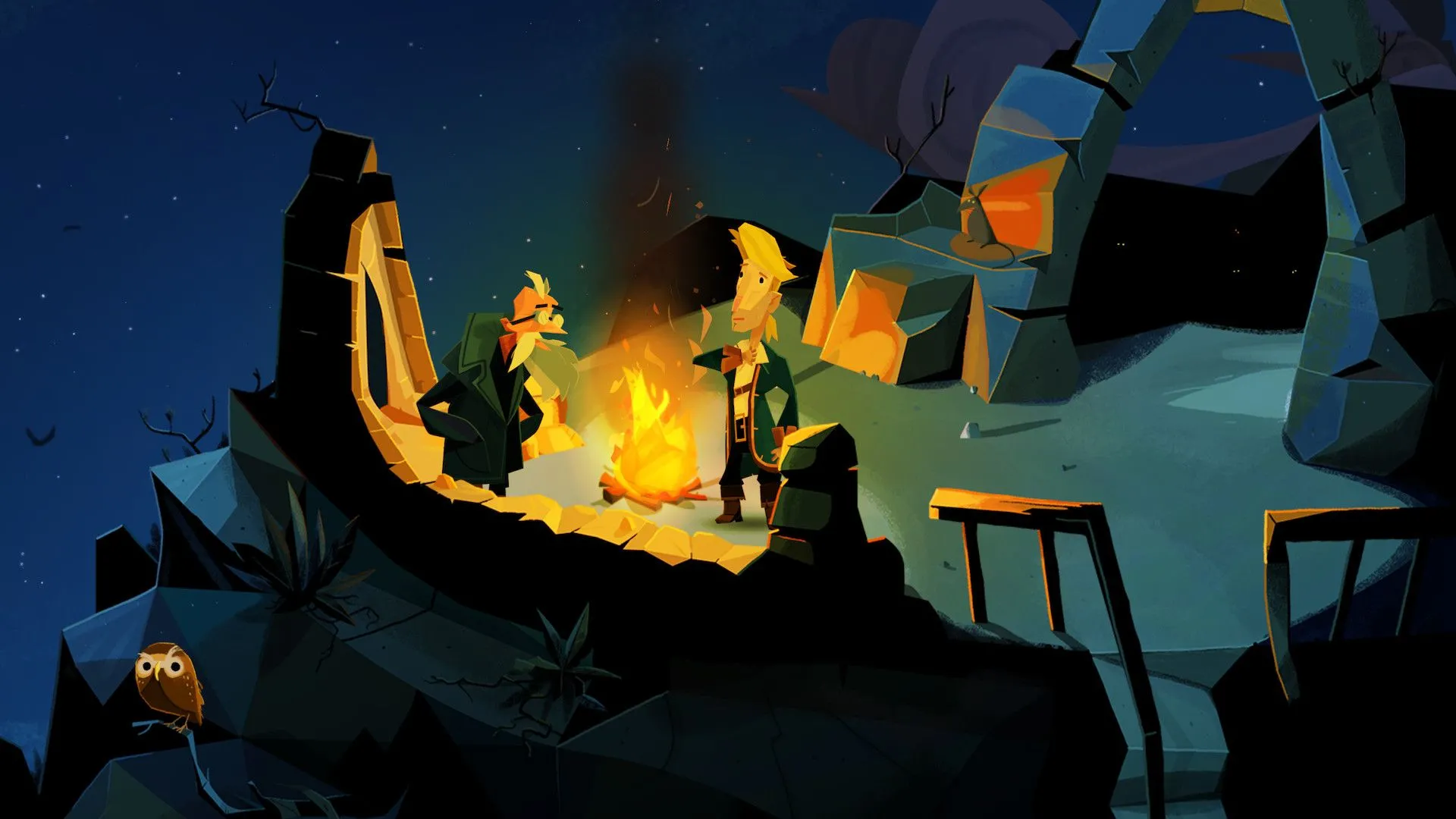 Guybrush Threepwood trong Return to Monkey Island đang trò chuyện với ba tên cướp biển bên đống lửa