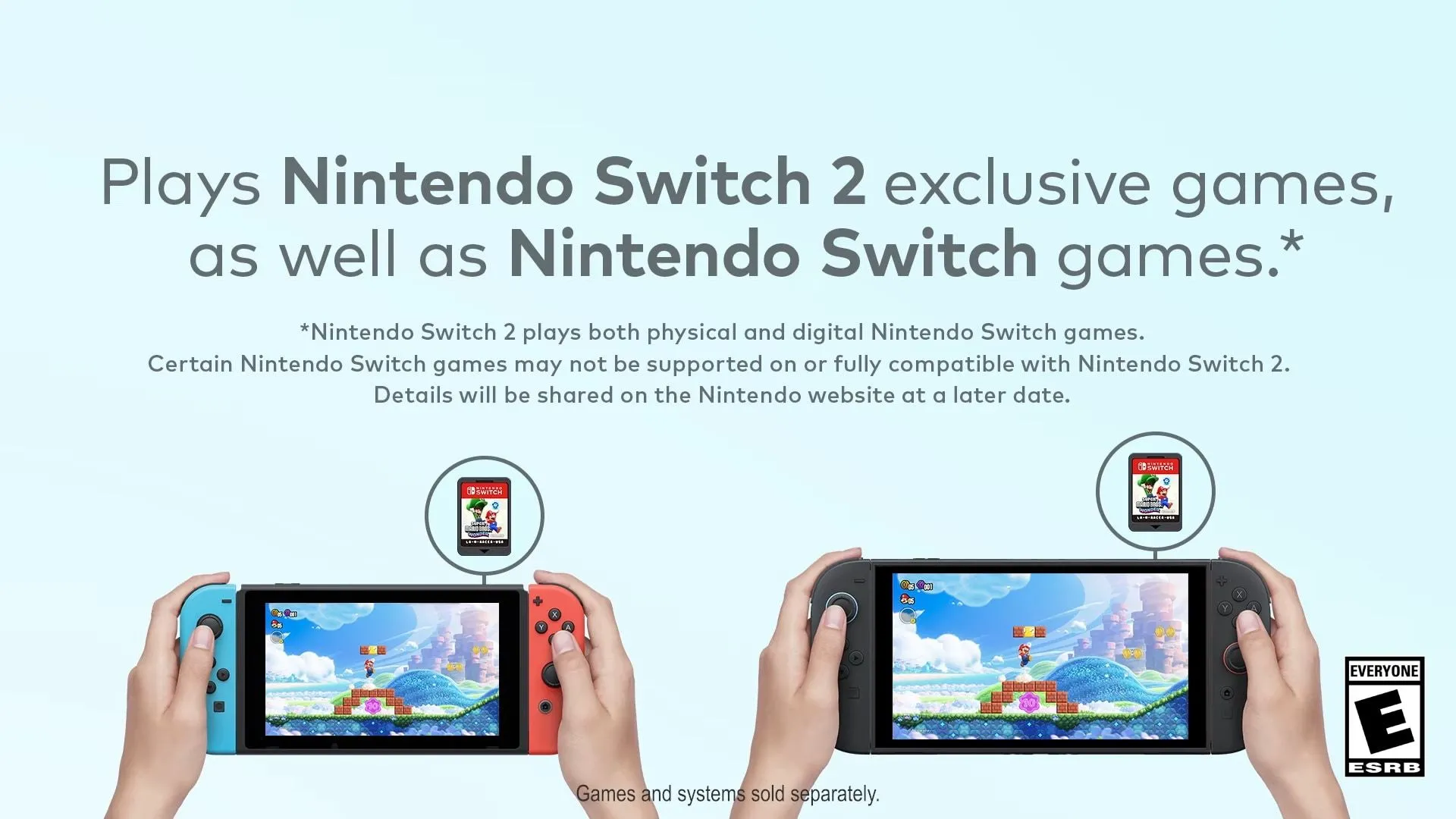 Hai bàn tay đang cầm song song Nintendo Switch đời đầu và Nintendo Switch 2, cho thấy sự khác biệt kích thước.