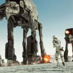 Hai cỗ máy AT-AT khổng lồ tiến công trong một trận chiến hoành tráng của Star Wars Battlefront II, thể hiện đồ họa ấn tượng của game.