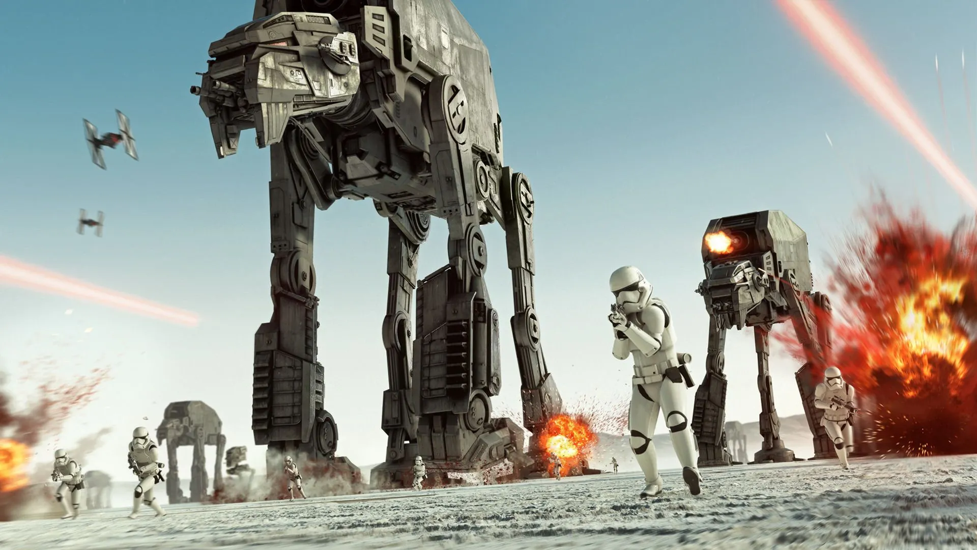 Hai cỗ máy AT-AT khổng lồ tiến công trong một trận chiến hoành tráng của Star Wars Battlefront II, thể hiện đồ họa ấn tượng của game.
