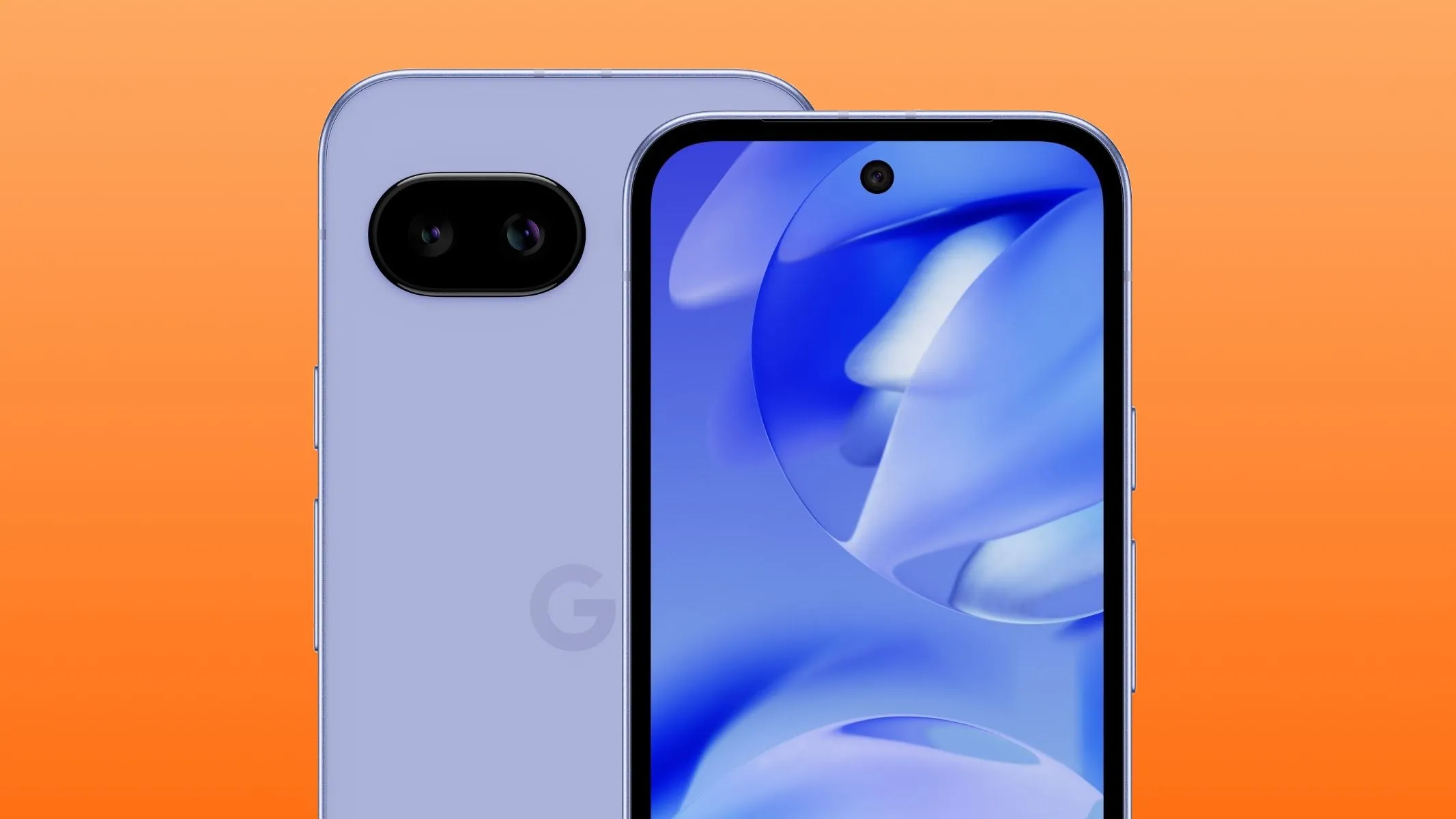 Hai điện thoại Google Pixel 9a hiển thị cả mặt trước và mặt sau