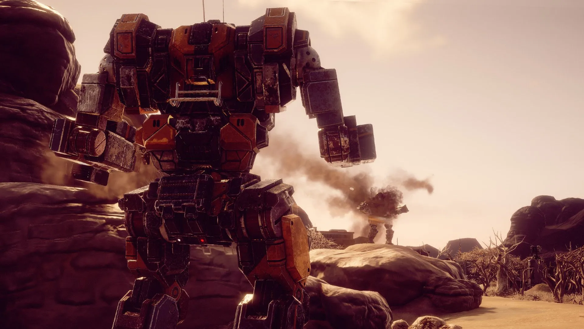 Hai Mech chiến đấu đối đầu trong màn hình game Battletech, một tựa game chiến thuật theo lượt