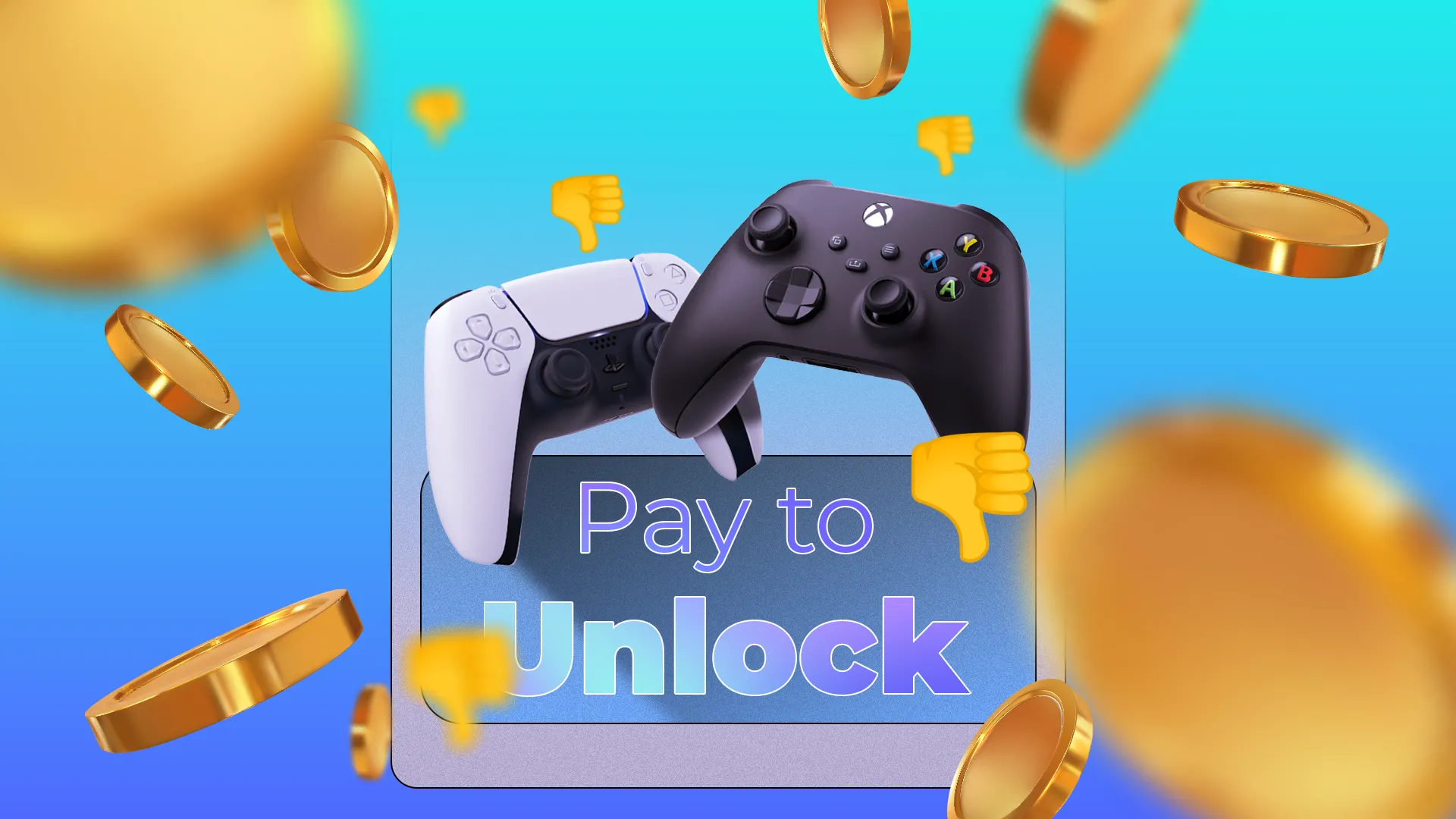 Hai tay cầm chơi game trên nhãn &quot;Pay to Unlock&quot;, với tiền xu bay và biểu tượng ngón tay cái hướng xuống, minh họa các mô hình kiếm tiền trong game