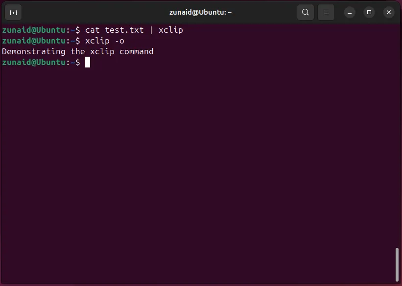 Hiển thị nội dung hiện tại của clipboard Linux trong terminal bằng lệnh xclip -o, cho thấy văn bản &quot;Demonstrating the xclip command&quot;.