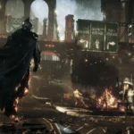 Hình ảnh Batman Arkham Knight mô tả Batman trong mưa, minh họa hiệu ứng PhysX 64-bit.