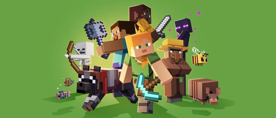 Hình ảnh các nhân vật trong game Minecraft trên nền xanh lá cây, tượng trưng cho thế giới game cần được đồng bộ.