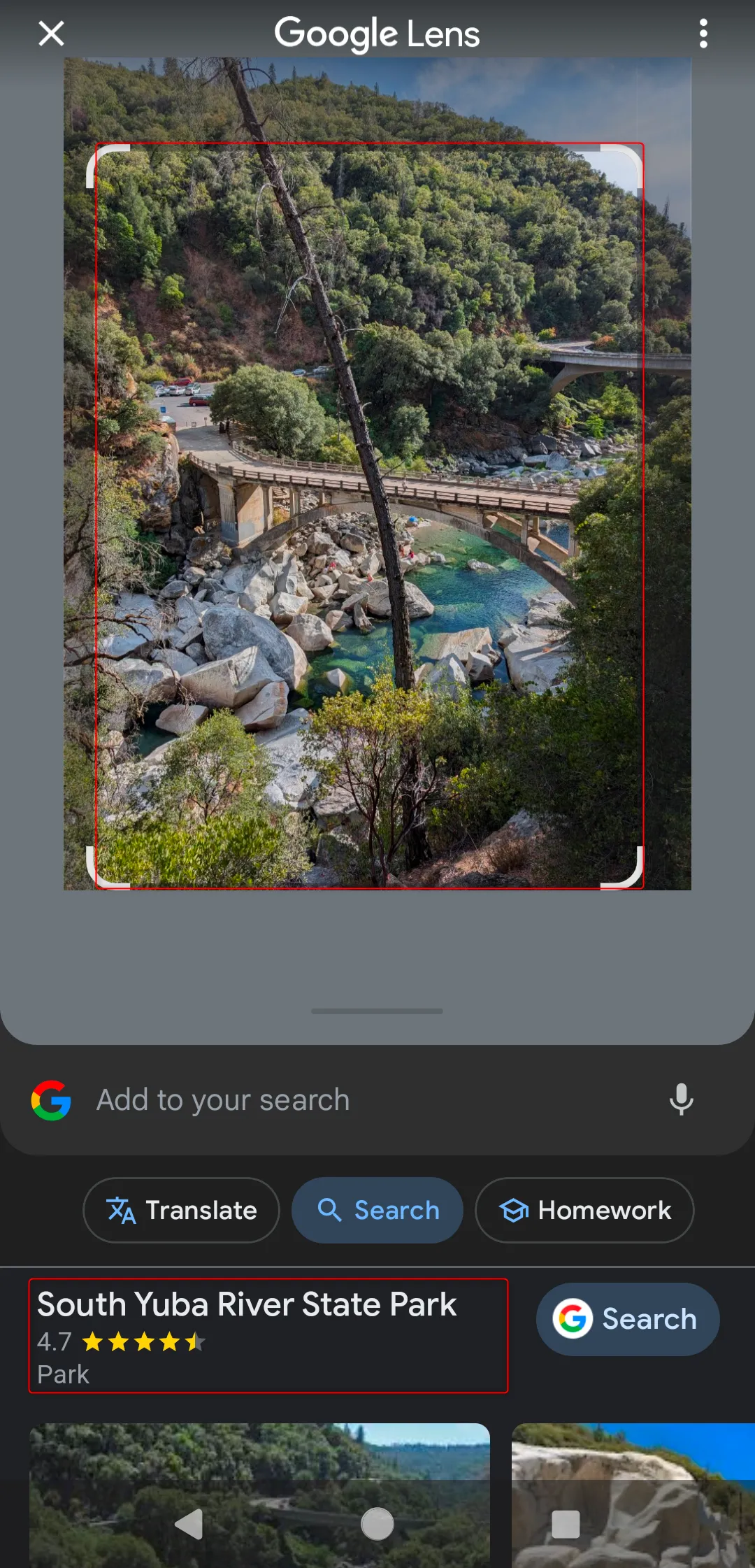 Hình ảnh công viên tiểu bang South Yuba River đang được Google Lens nhận diện địa điểm