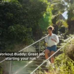 Hình ảnh đồng hồ Apple Watch với tính năng theo dõi tập luyện, hiển thị lời chúc mừng khi bắt đầu chạy.