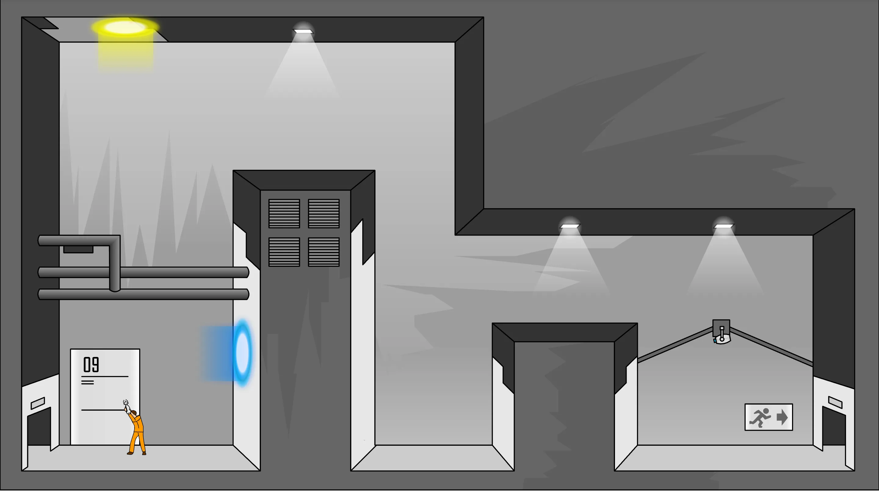 Hình ảnh gameplay của Portal: The Flash Version, hiển thị nhân vật đang sử dụng súng cổng dịch chuyển để vượt qua chướng ngại vật trong môi trường 2D, minh họa game giải đố trên trình duyệt.