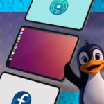 Hình ảnh minh họa các máy tính bảng chạy Linux cùng linh vật Tux, biểu tượng của hệ điều hành Linux.