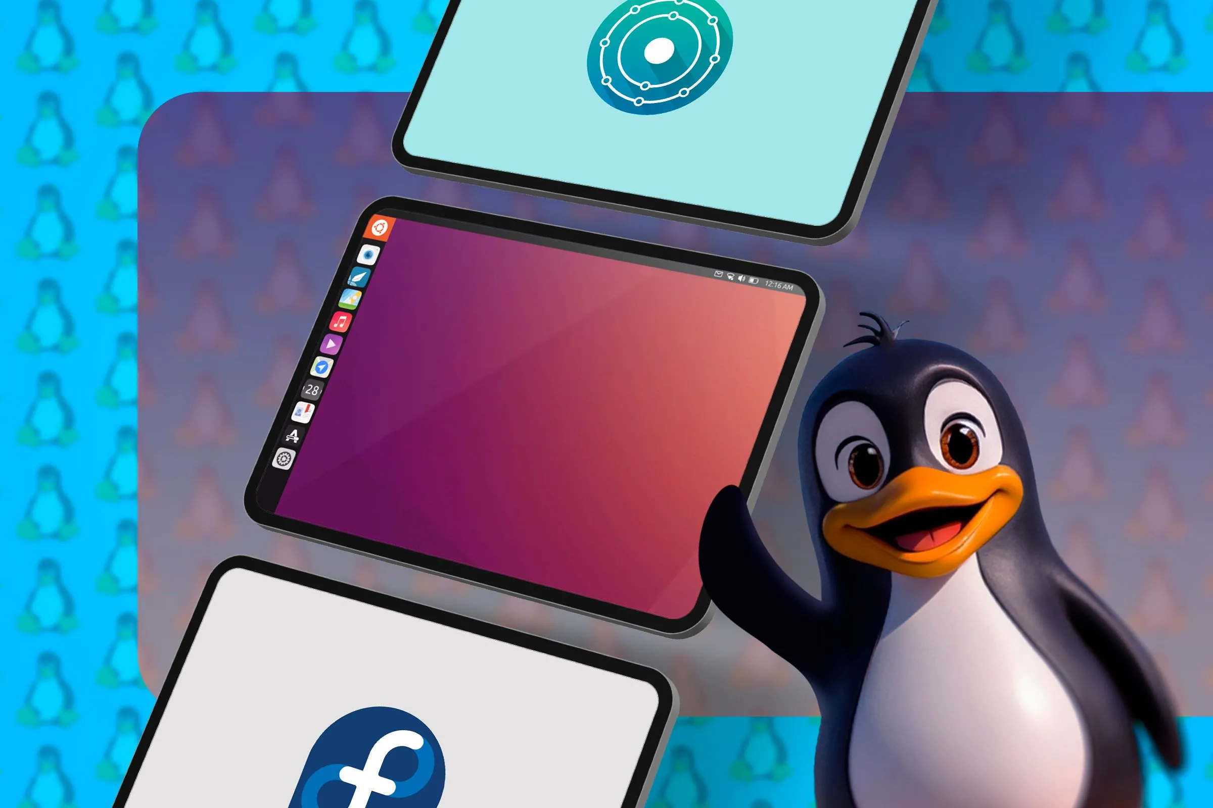 Hình ảnh minh họa các máy tính bảng chạy Linux cùng linh vật Tux, biểu tượng của hệ điều hành Linux.