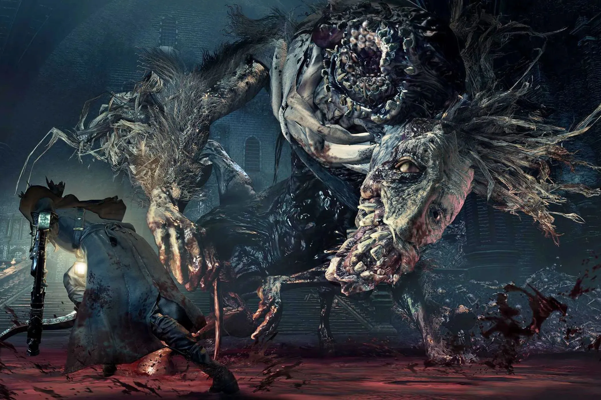 Hình ảnh một con boss khổng lồ trong game Bloodborne đang chiến đấu với nhân vật chính
