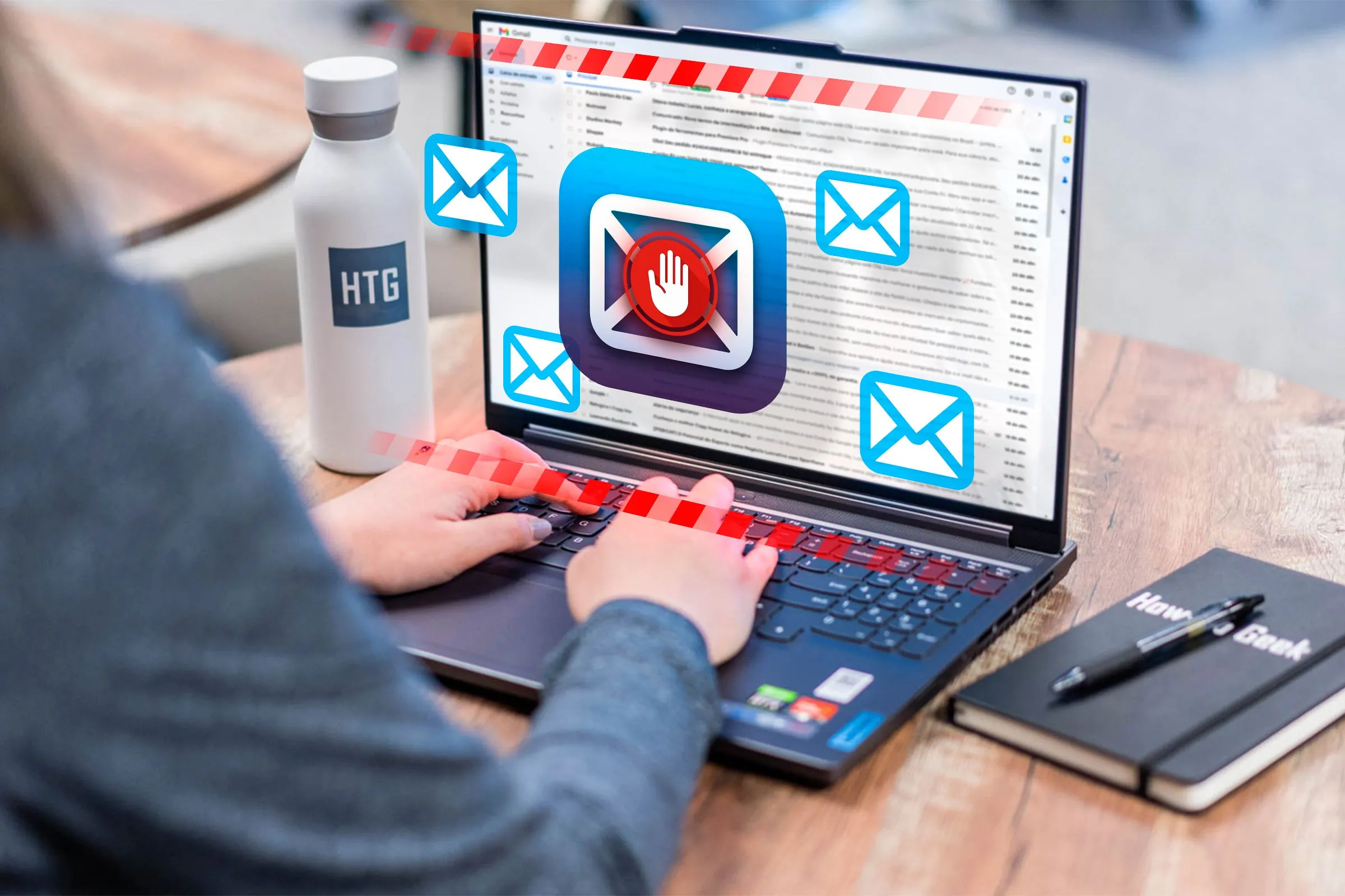 Hình ảnh người phụ nữ sử dụng laptop với các biểu tượng email cá nhân nổi lên, minh họa rủi ro khi dùng email riêng trên thiết bị công ty.