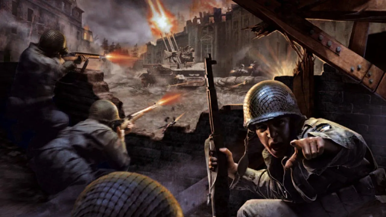 Hình ảnh quảng cáo Call of Duty (2003) với một nhóm lính trên chiến trường.