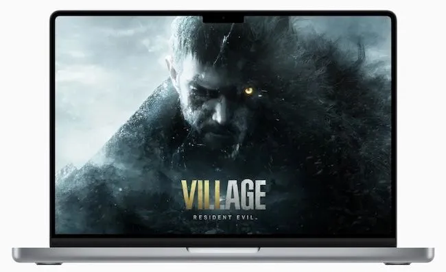 Hình ảnh quảng cáo game Resident Evil Village chạy trên MacBook, hiển thị hiệu ứng đồ họa ấn tượng