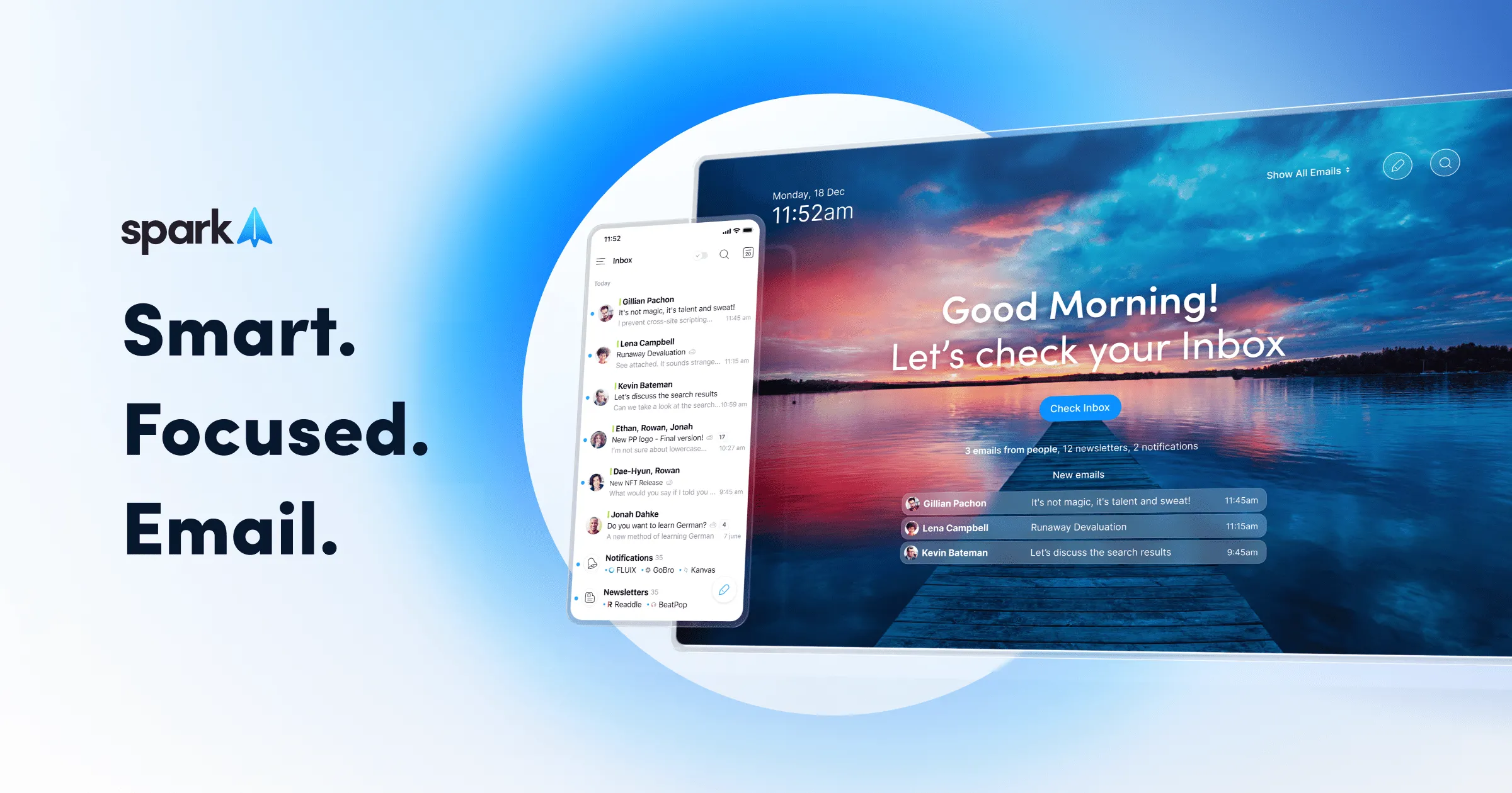 Hình ảnh quảng cáo ứng dụng email Spark, minh họa giao diện người dùng trên cả thiết bị di động và máy tính để bàn macOS, với tính năng quản lý hộp thư thông minh.