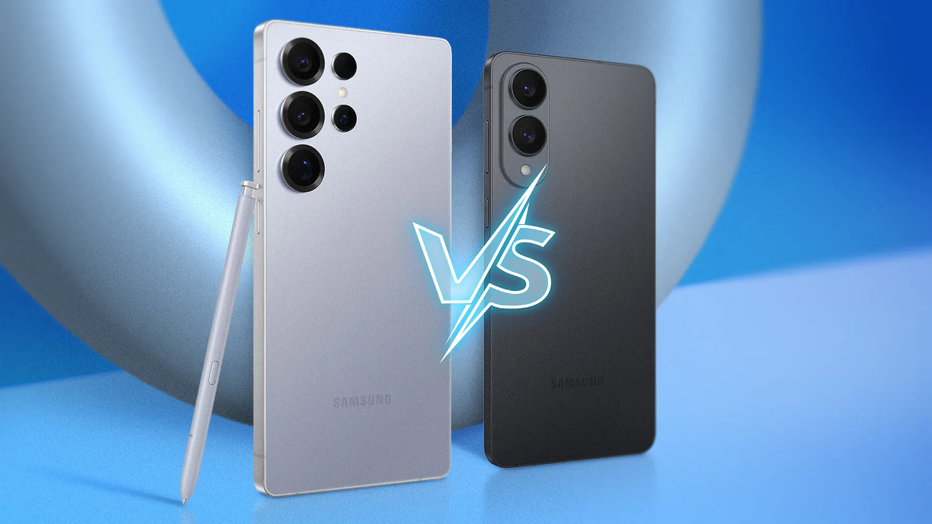 Hình ảnh so sánh Galaxy S25 Ultra và Galaxy S25 Edge, với chữ VS ở giữa, tượng trưng cho sự đối đầu.