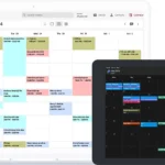 Hình ảnh ứng dụng Tuta Calendar trên nhiều thiết bị: điện thoại, máy tính bảng và laptop, minh họa khả năng đồng bộ lịch trình mã hóa trên đa nền tảng.