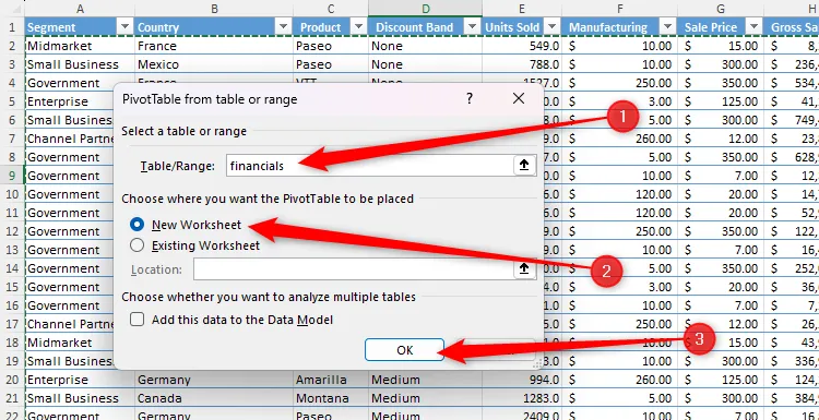 Hộp thoại Create PivotTable trong Excel, nơi chọn phạm vi dữ liệu và vị trí đặt bảng tổng hợp trên trang tính mới.