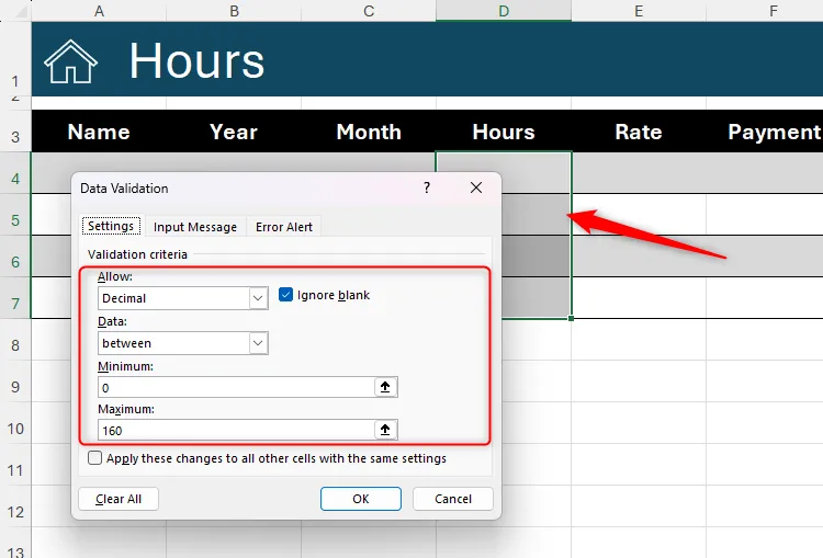 Hộp thoại Data Validation trong Excel hiển thị quy tắc giới hạn nhập liệu là số thập phân từ 0 đến 160 cho ô.