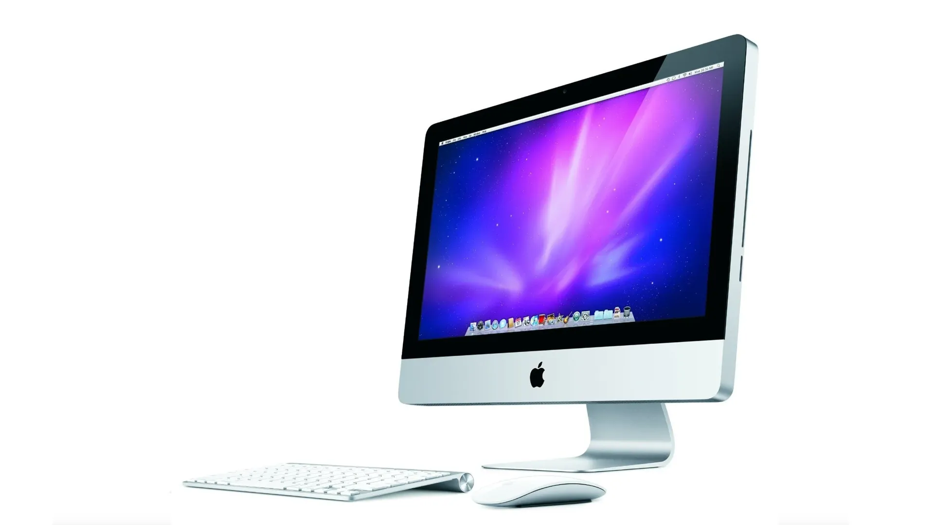 iMac nhôm màu bạc trên nền trắng, với mặt trước kim loại và mặt sau nhựa đen đặc trưng.