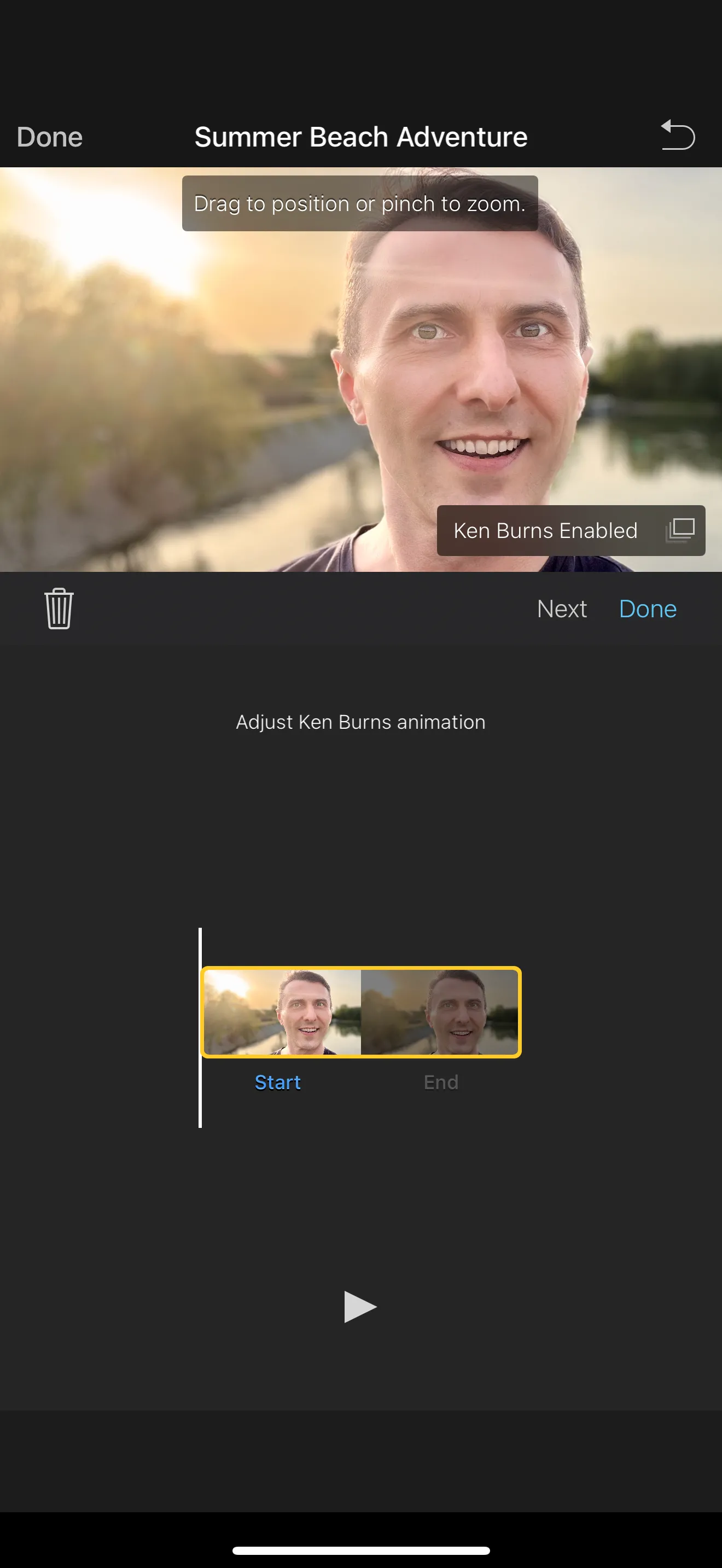 iMovie cho iPhone hiển thị giao diện để điều chỉnh cắt ảnh, thu phóng và hiệu ứng Ken Burns.