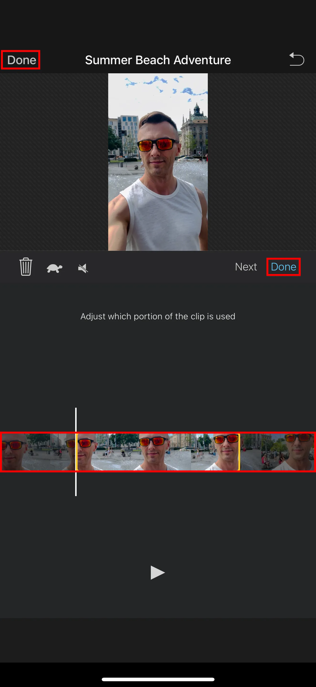iMovie cho iPhone hiển thị trình cắt video để điều chỉnh phần clip nào sẽ sử dụng.