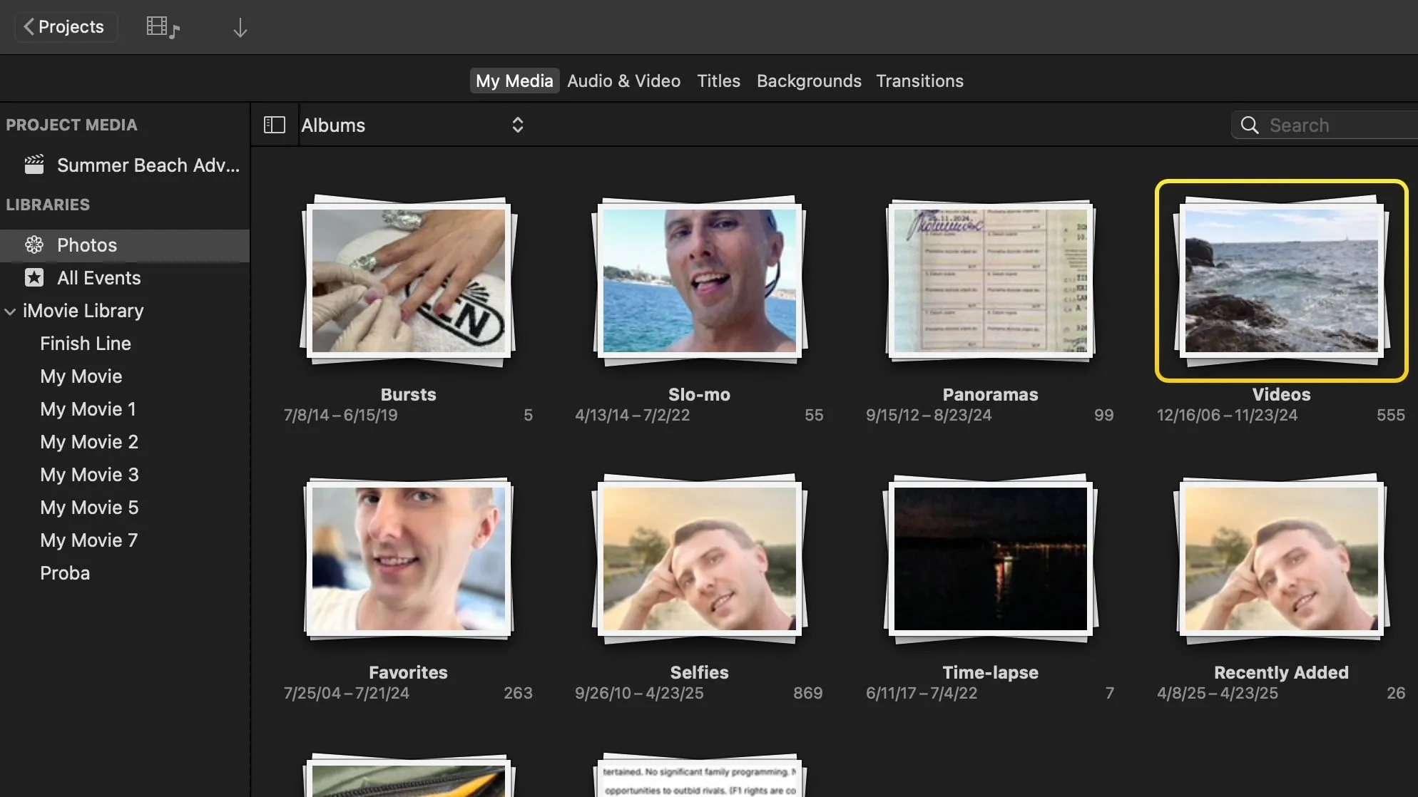 iMovie cho Mac hiển thị các video từ thư viện ứng dụng Ảnh trong trình duyệt media.