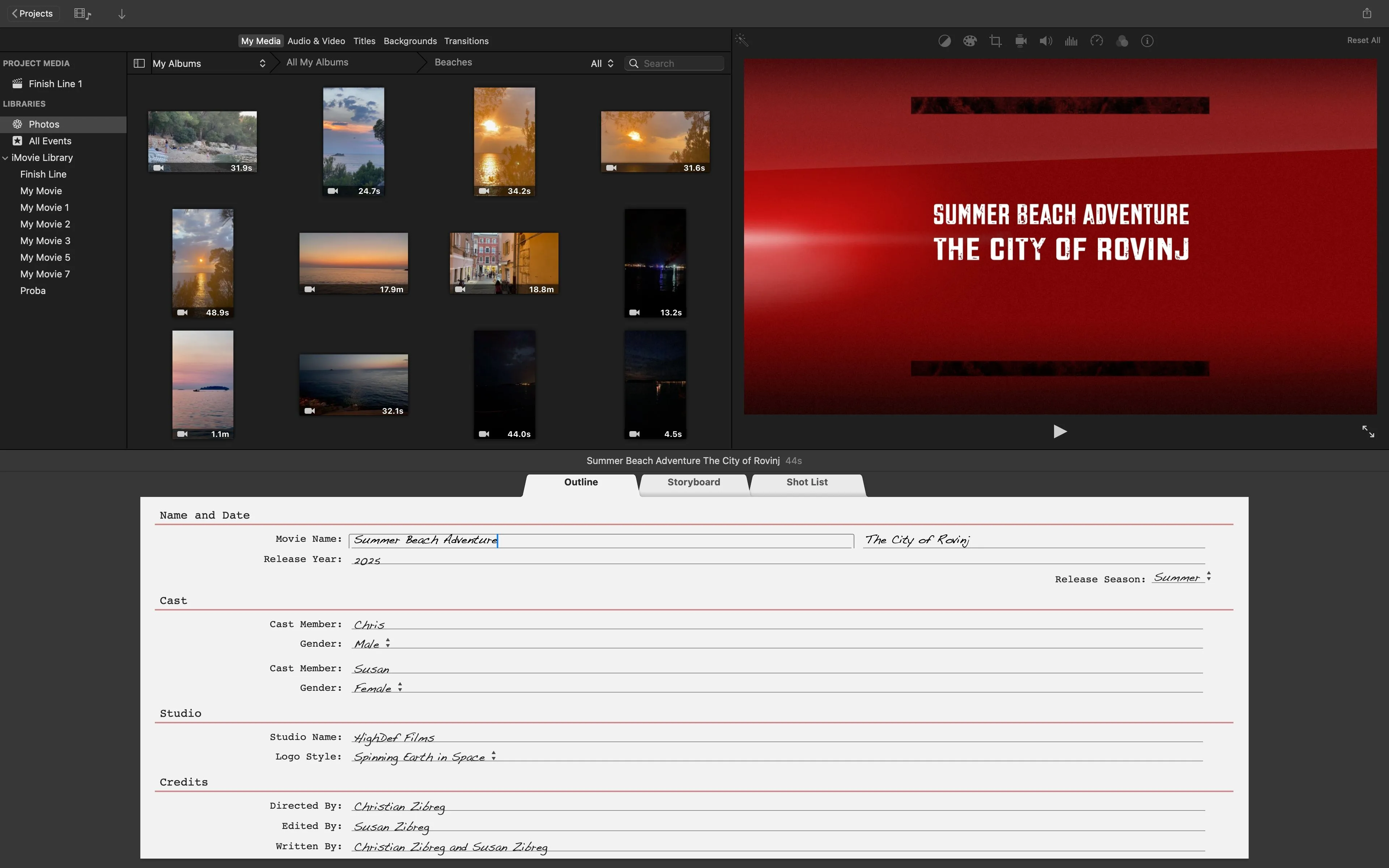 iMovie cho Mac với tab Outline được chọn, hiển thị thông tin về tiêu đề, dàn diễn viên và các thông tin khác của trailer.