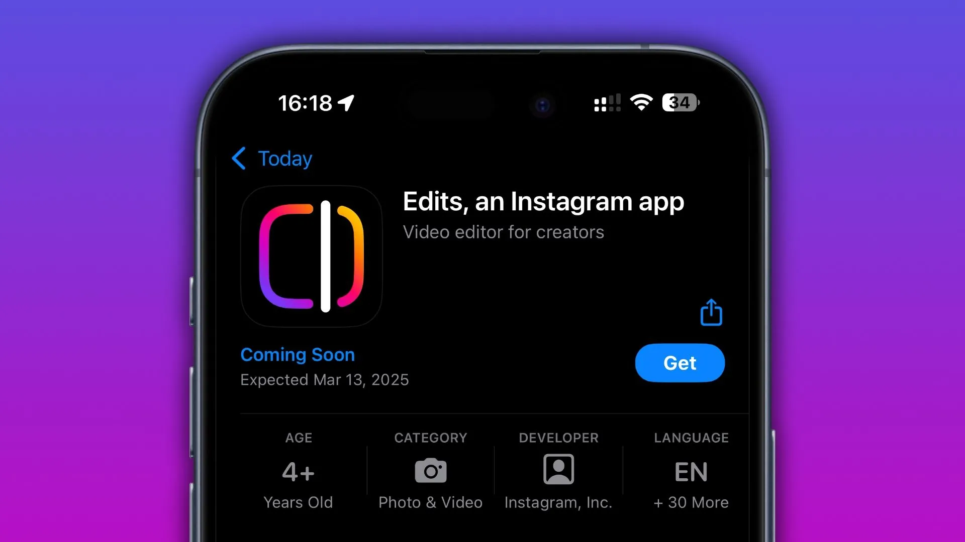 iPhone hiển thị ứng dụng Instagram Edits trên App Store