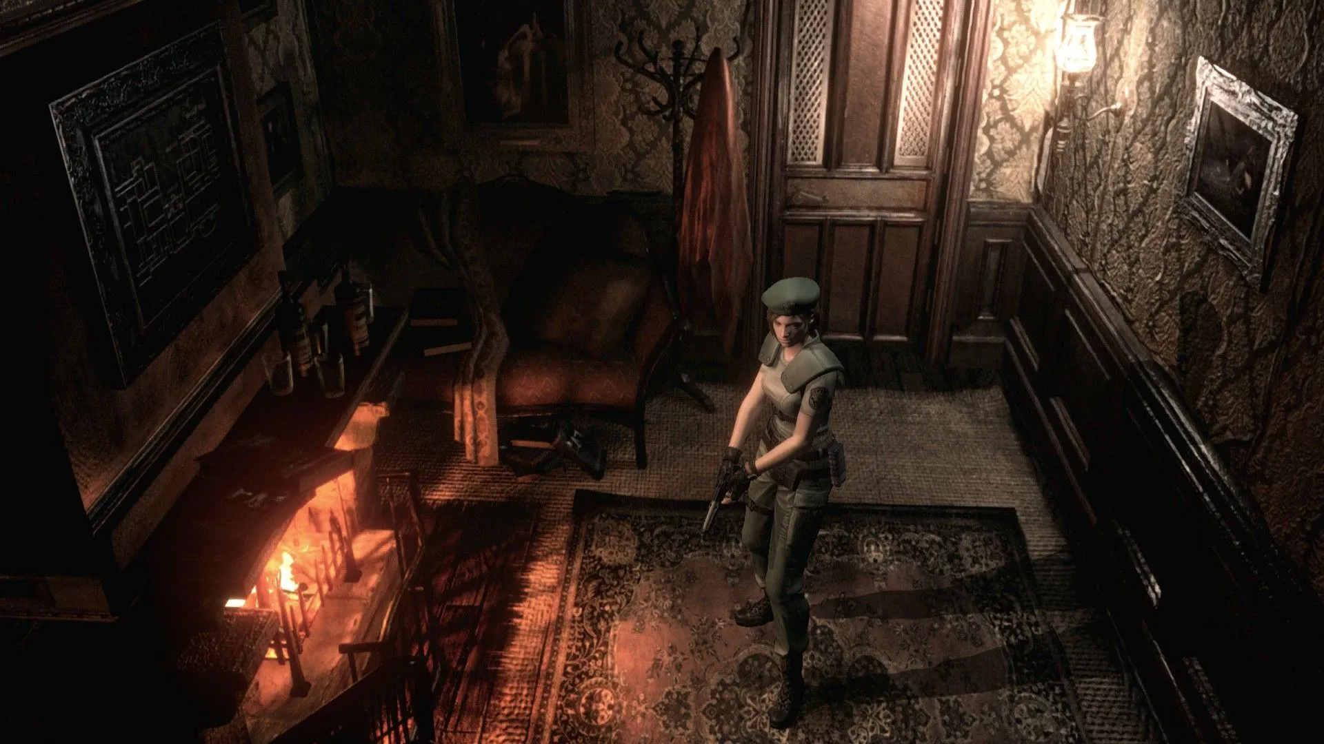 Jill Valentine trong bản remake Resident Evil 2002, cho thấy sự nâng cấp đồ họa và không khí kinh dị của game.