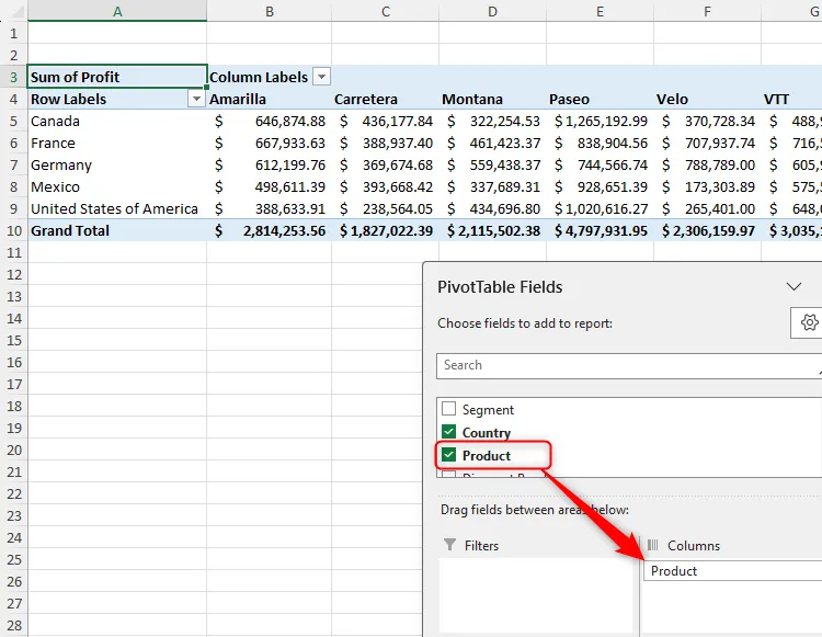 Kéo trường Product vào khu vực Columns trong PivotTable Fields để phân tích doanh thu theo sản phẩm.
