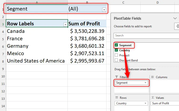 Kéo trường Segment vào khu vực Filters của PivotTable Fields để thêm bộ lọc phân khúc vào báo cáo.
