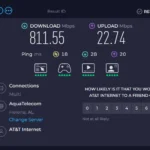 Kết quả kiểm tra tốc độ internet của gói cước AT&T Gigabit Fiber hiển thị tốc độ tải xuống và tải lên thực tế