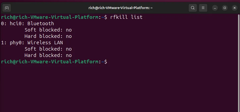 Kết quả lệnh rfkill list trong terminal Ubuntu, cho thấy trạng thái chặn (block) của các thiết bị không dây như Wi-Fi và Bluetooth.