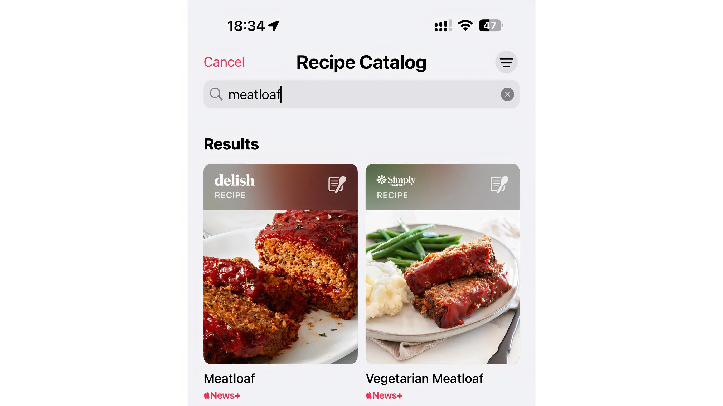 Kết quả tìm kiếm công thức &quot;Meatloaf&quot; trong tính năng Food của Apple News+