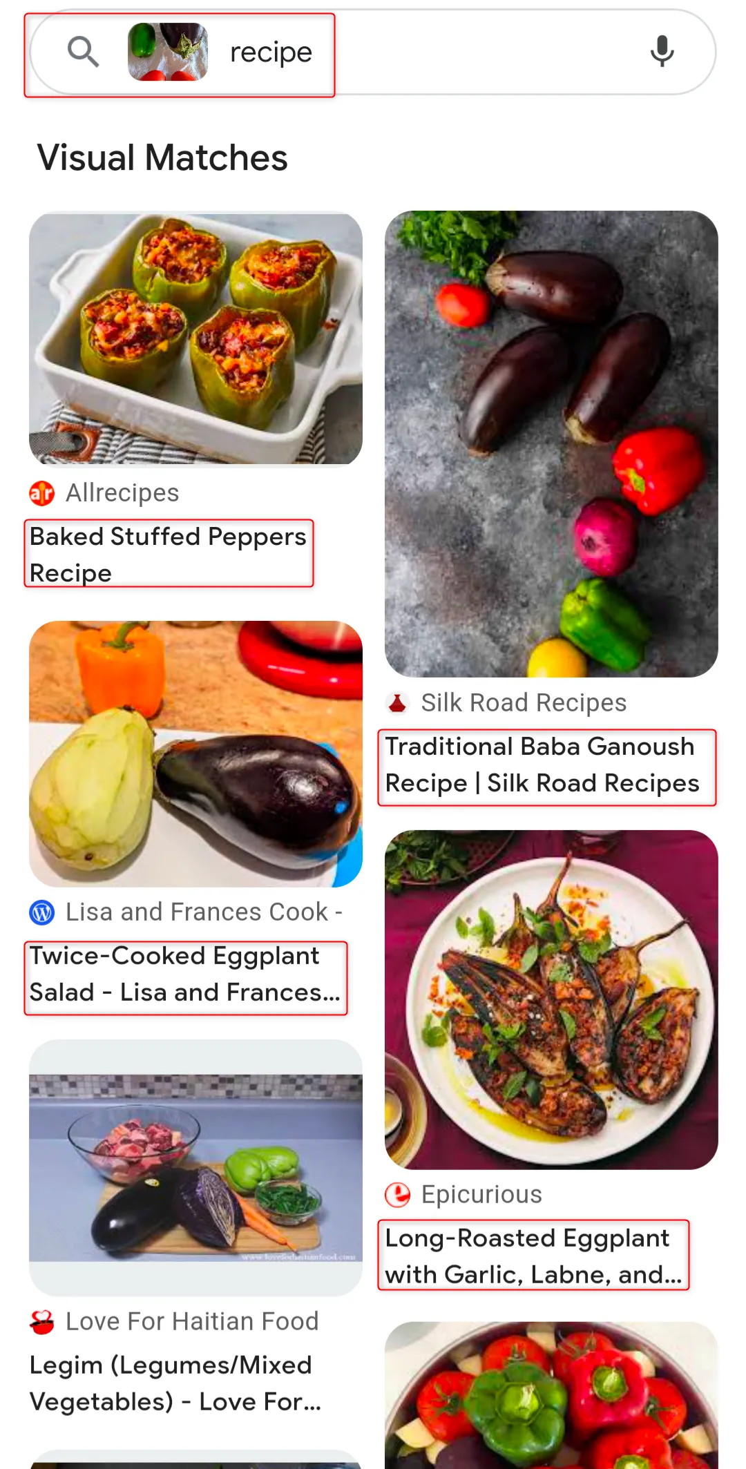 Kết quả tìm kiếm công thức nấu ăn trên Google Lens từ hình ảnh các loại rau củ