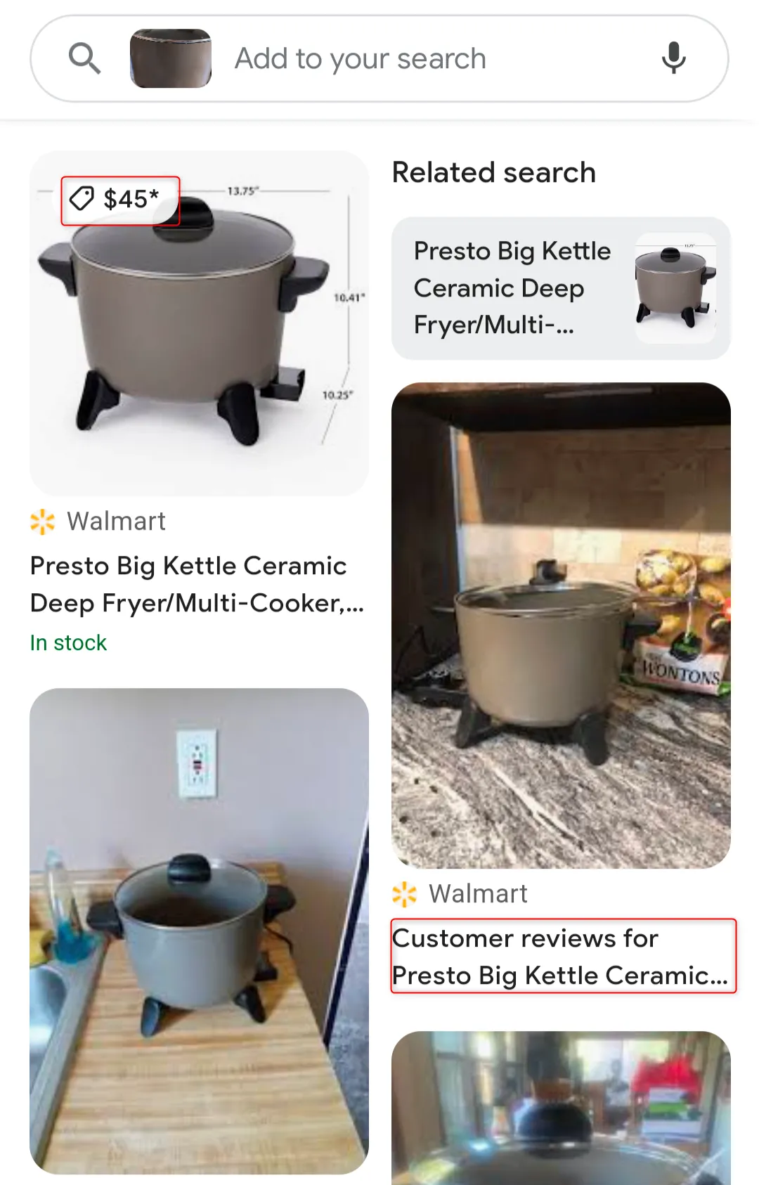 Kết quả tìm kiếm của Google Lens cho nồi chiên Presto hiển thị giá và đánh giá sản phẩm