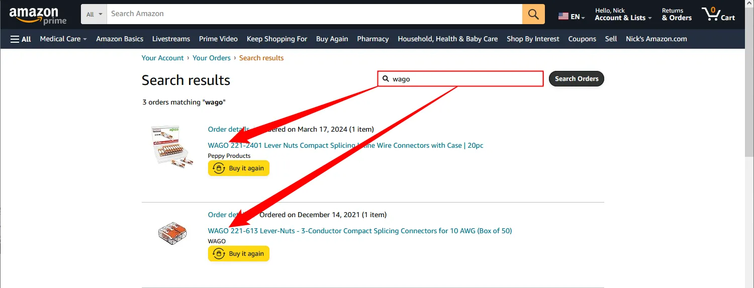 Kết quả tìm kiếm đơn hàng Amazon được hiển thị sau khi nhập từ khóa