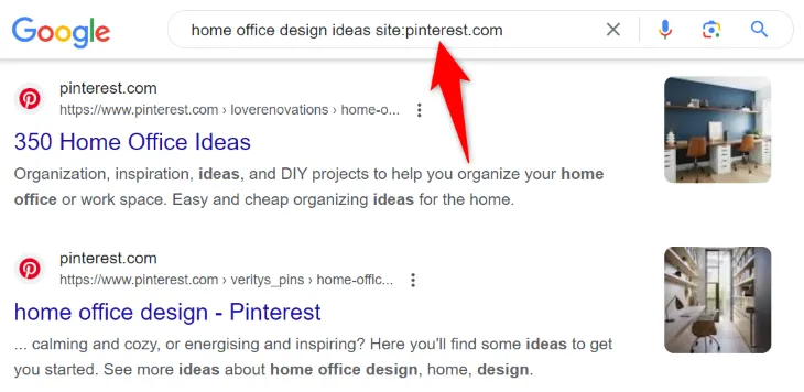 Kết quả tìm kiếm Google khi tìm kiếm ý tưởng thiết kế văn phòng tại nhà trên Pinterest bằng cú pháp &quot;site:pinterest.com&quot;