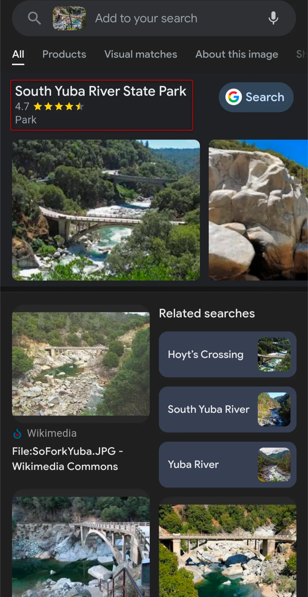 Kết quả tìm kiếm Google Lens xác định địa điểm là Công viên Tiểu bang South Yuba River