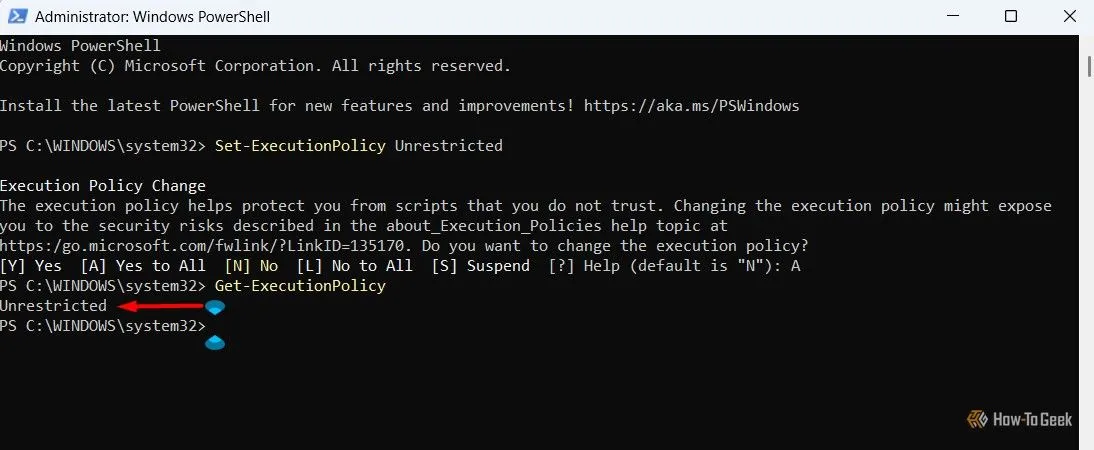 Kiểm tra kết quả Unrestricted sau khi thiết lập Execution Policy trong PowerShell.