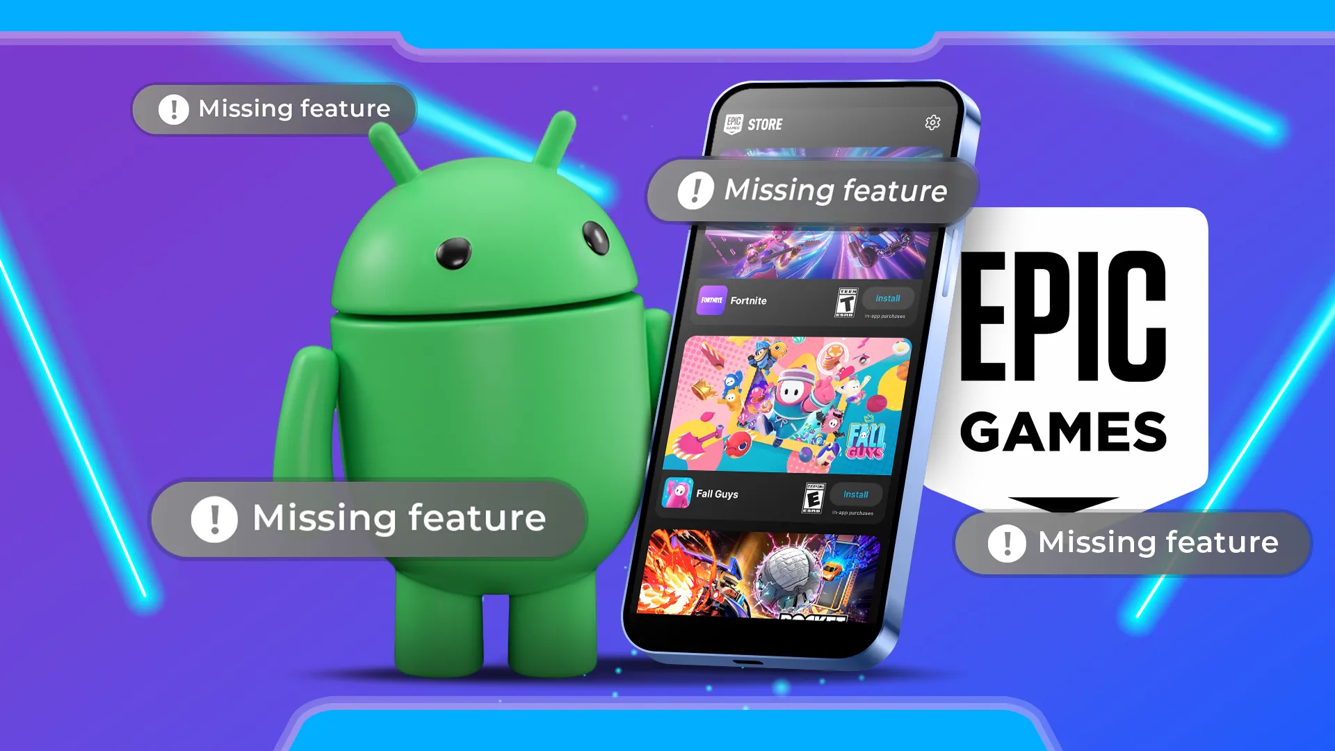 Linh vật Android bên cạnh điện thoại chạy ứng dụng Epic Games và các biểu tượng tính năng xung quanh, thể hiện sự đa dạng của hệ sinh thái