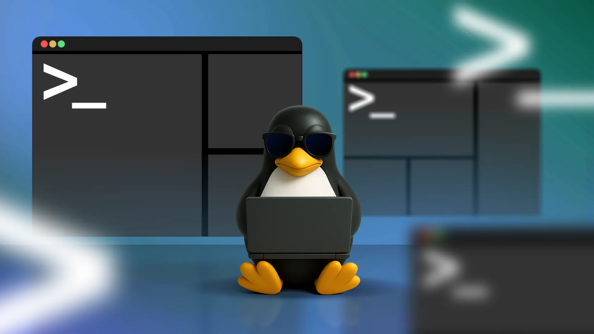 Linh vật Linux Tux bên cạnh máy tính xách tay hiển thị giao diện Terminal và các cửa sổ multiplexer