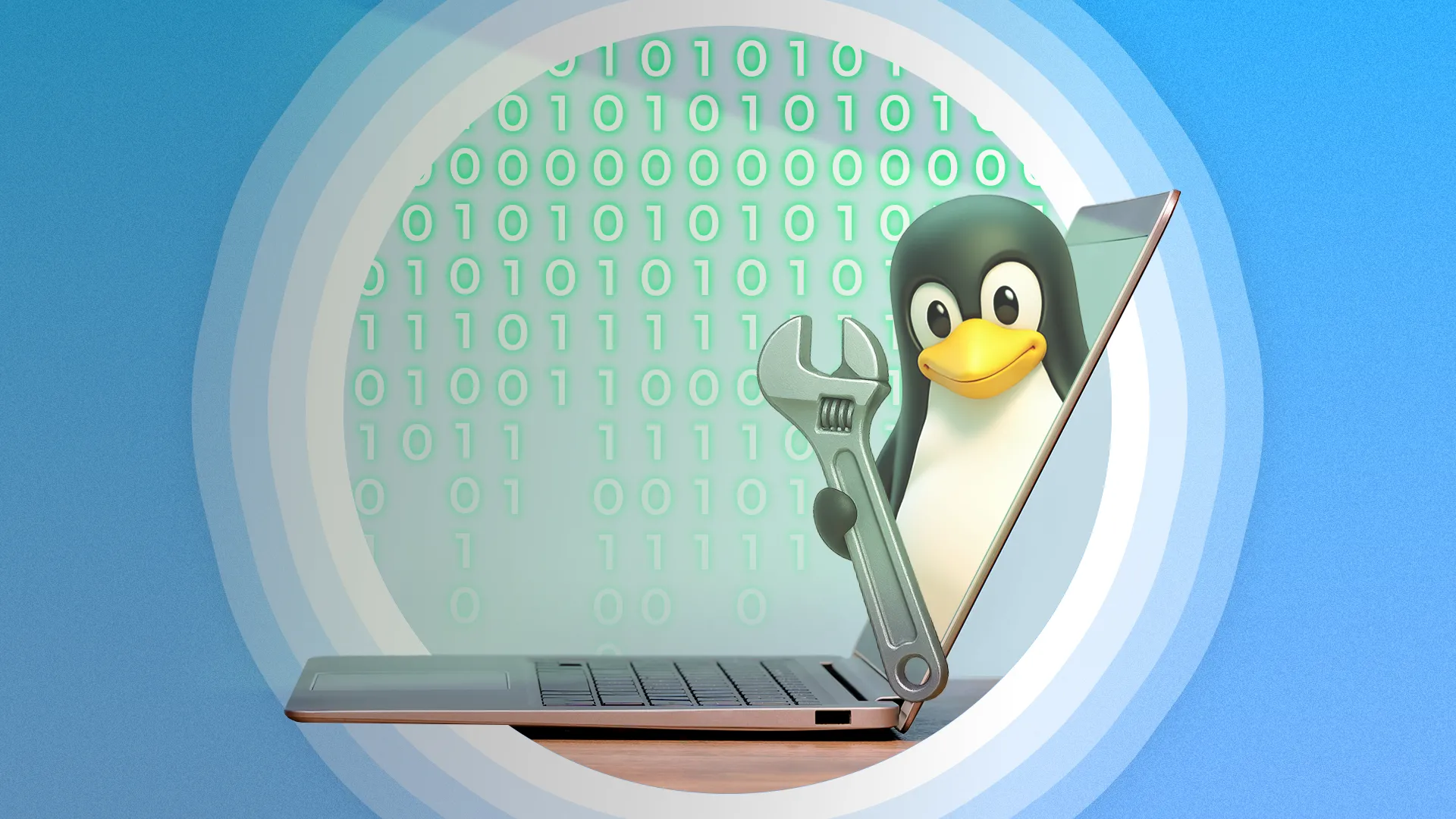 Linh vật Linux Tux cầm cờ lê sửa chữa máy tính xách tay, tượng trưng cho khả năng khắc phục sự cố hệ thống