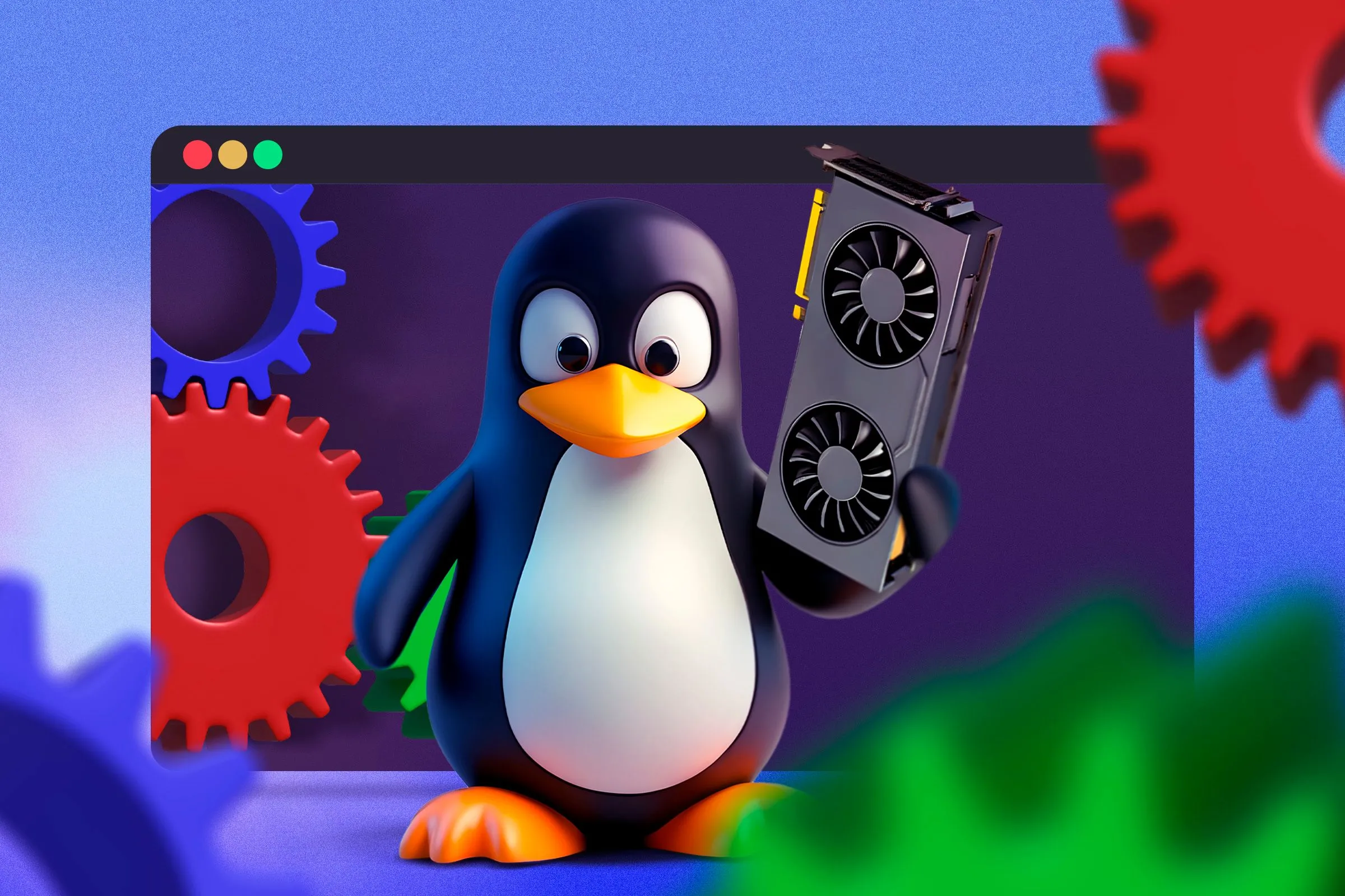 Linh vật Linux Tux đang giữ một card đồ họa (GPU) với các bánh răng phía sau, tượng trưng cho khả năng vận hành hiệu quả của Linux trên phần cứng đa dạng.