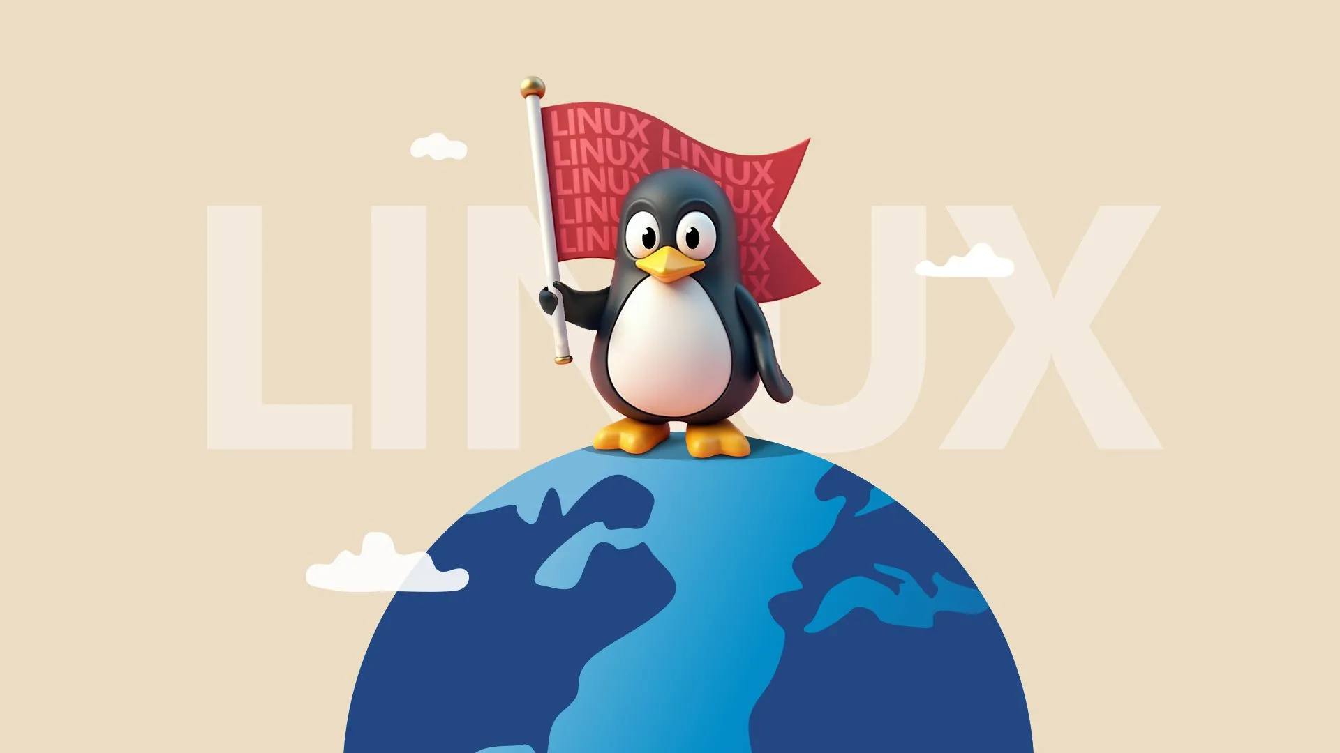 Linh vật Linux Tux đứng trên quả địa cầu, cầm cờ, biểu tượng cho quyền sở hữu và kiểm soát hệ thống