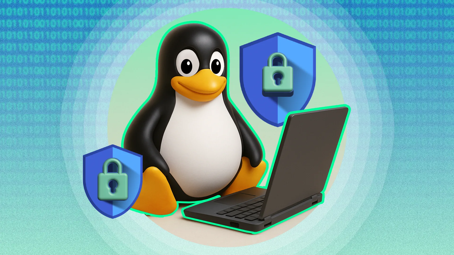 Linh vật Linux Tux ngồi cạnh một chiếc laptop cùng biểu tượng khiên bảo mật, minh họa cho tính năng bảo mật vượt trội của Linux.
